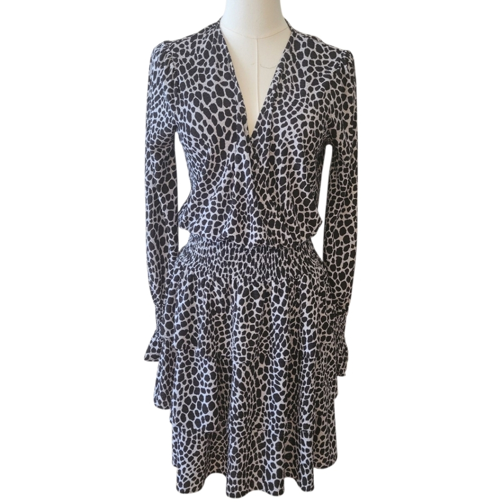 Michael Kors Black & White Animal Print‎ Smocked Dress Size Medium